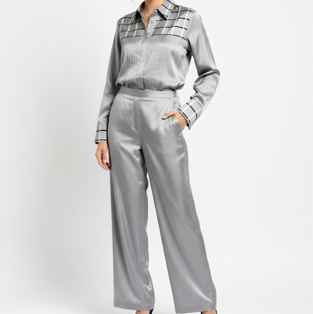 J.S. Thai 100% Silk Womens 2-Piece Set Handmade Plaid Shirt & Pants Silver Sz P - Picture 1 of 16
